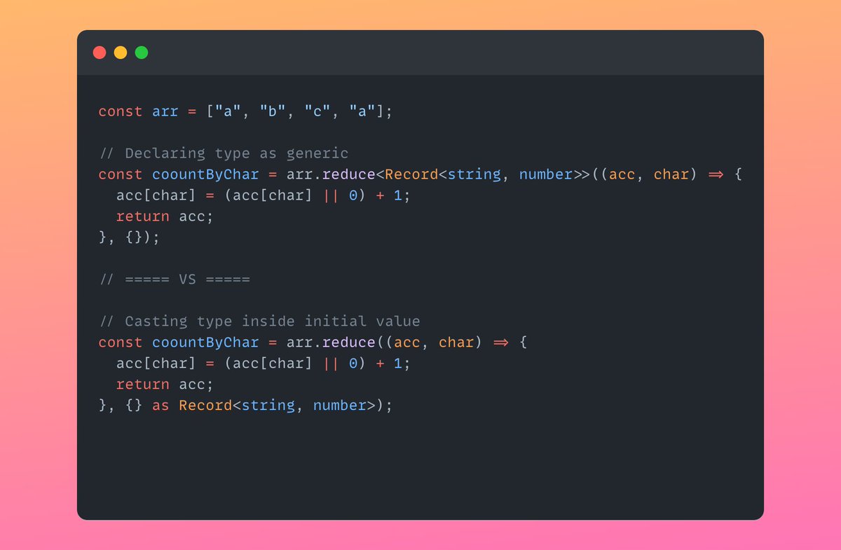 #typescript tip : don't forget that `Array.prototype.reduce` accepts a generic for accumulator (aka previous/initial value), so you don't always need to cast initial value with `as` .