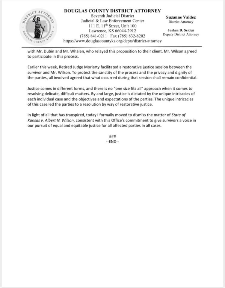 DGCOKSDA's tweet photo. District Attorney Suzanne Valdez’s Statement on State of Kansas v. Albert N. Wilson https://t.co/5DBQ9yAXvT