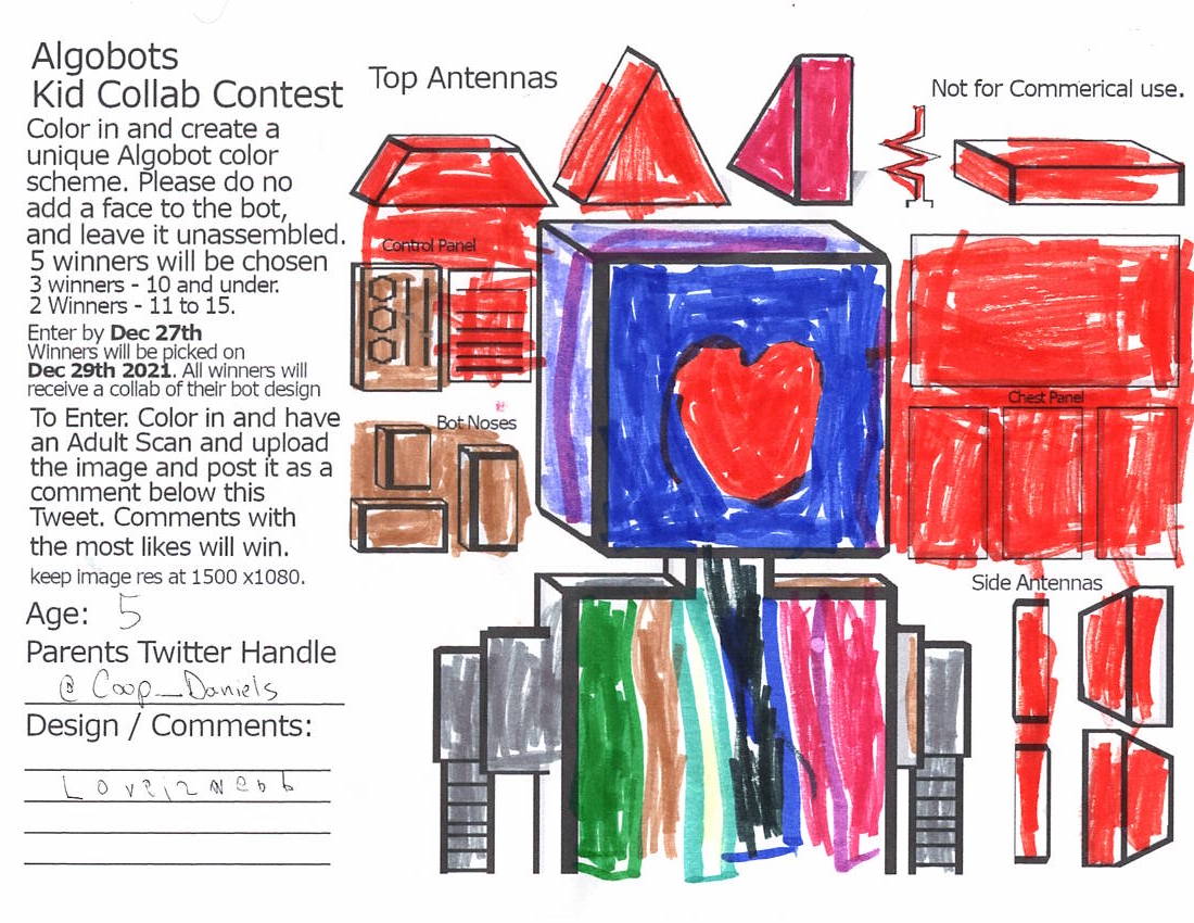 Coop_Daniels's tweet image. Here is my 5 year old daughters submission. Her quote for her Bot is "Love is Needed." If you wanna make my baby girl happy give her bot a heart! #Algo #DGB  #Algorand