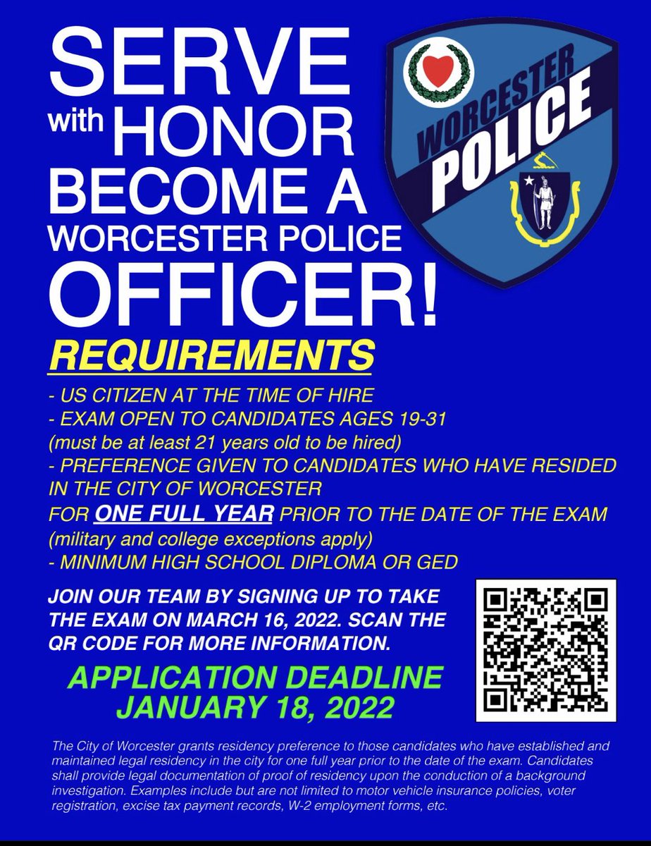 Become a Worcester Police Officer! Applications to take the exam due by January 18.