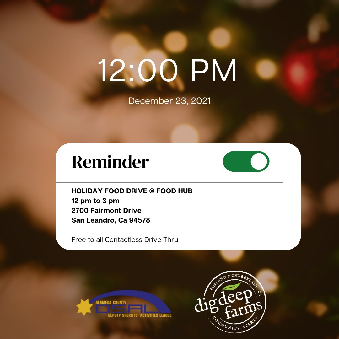 AC_DSAL's tweet image. ATTENTION! ATTENTION! This is an important reminder!!... to set your alarms @12pm for Dig Deep Farms Food Hub Holiday Food drive. You won’t want to miss out! All food including fruits, vegetables, canned goods, bread, and many other items are completely FREE! How awesome is that!