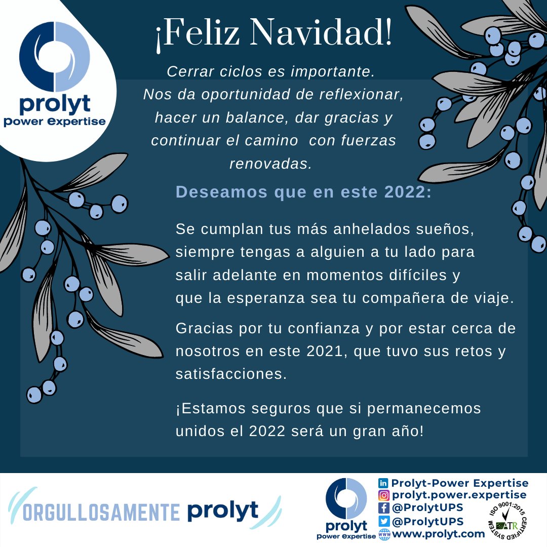 ProlytContigo's tweet photo. ¡Gracias por confiar en nosotros y por acompañarnos durante este 2021 lleno de retos!
Sin duda el 2022 traerá nuevas aventuras y formas de ofrecerte continuidad en la operación de tu negocio ante las perturbaciones del suministro eléctrico. ¡Felicidades! #UPS #businesscontinuity https://t.co/hgUfTxICka