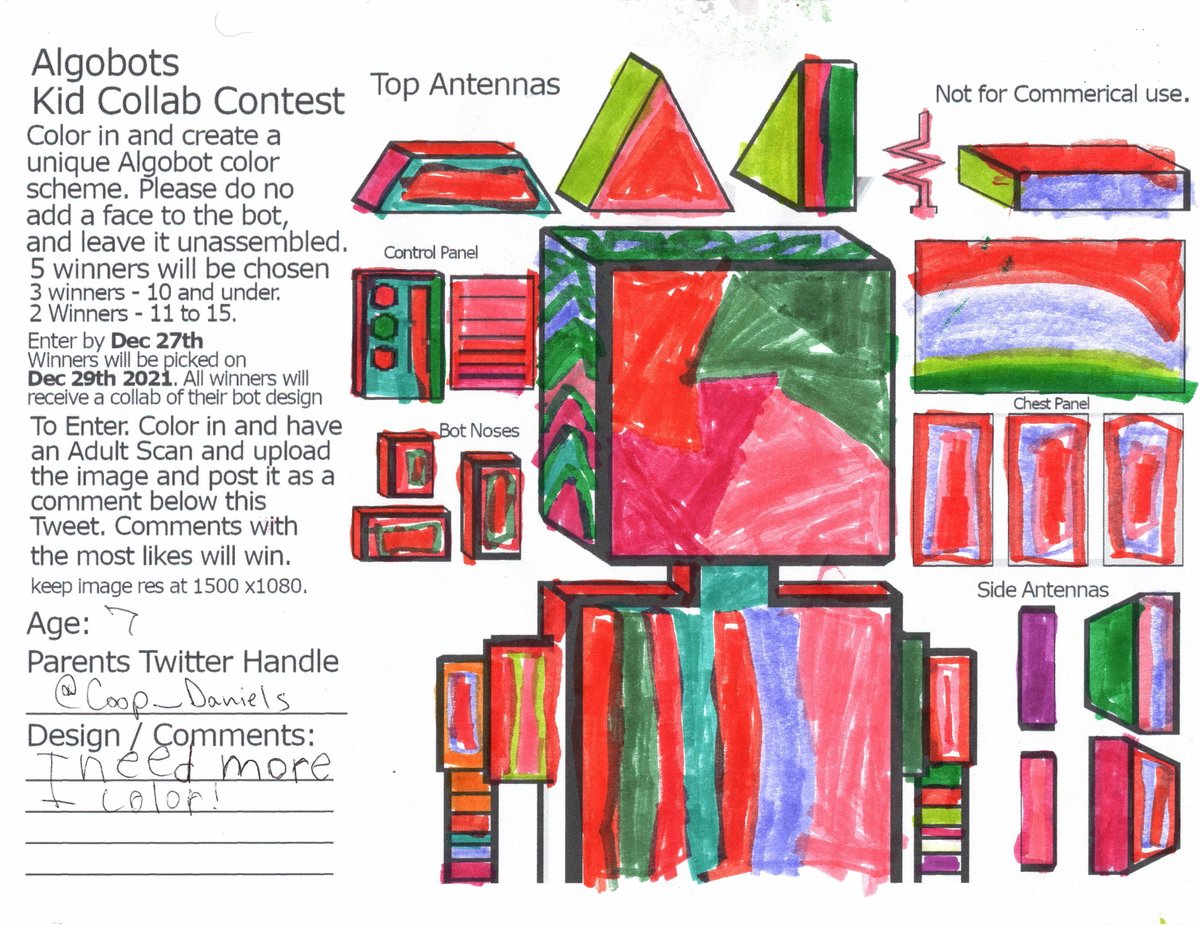 Coop_Daniels's tweet image. Here is my 7 year old son's submission! His quote for his bot is "I need more color!" If you wanna make my colorful boy smile give him a like! #Algo #DGB #Algorand