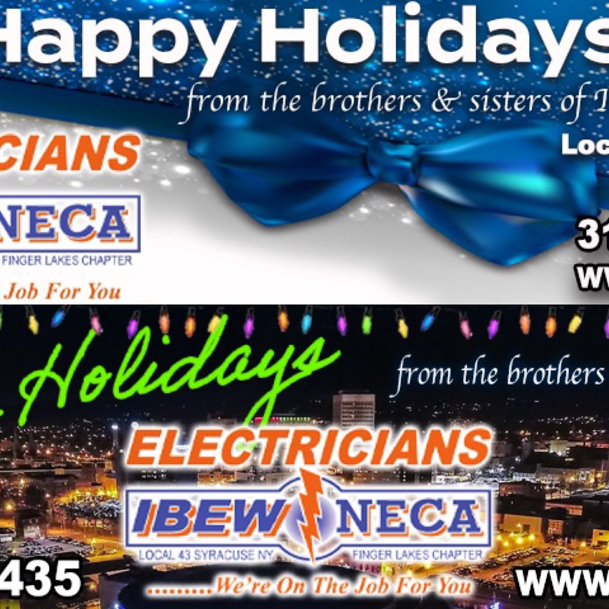 Brothers &amp; Sisters -

Please check out our IBEW Local 43  Holiday billboards in Utica !

Location:   
North &amp; South on Route 12
Downtown Utica / Oriskany Blvd.

Have a Merry Christmas and Happy New Year!! 🎅🏽🎄🎉🍾

#IBEWLocal43OnTheMove!
#UnionStrong💪🏻🇺🇸
