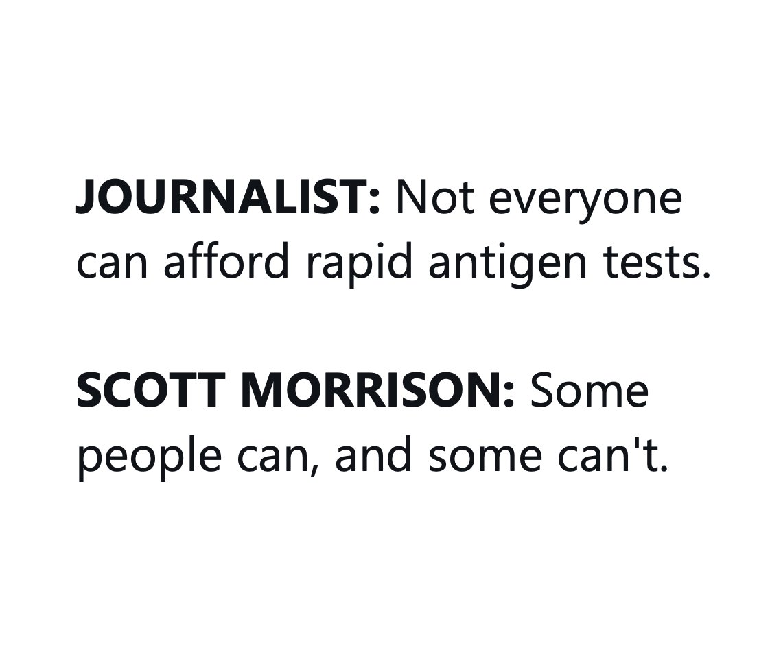RT @unionsaustralia: He actually said this. Rapid antigen tests must be free and accessible to all. https://t.co/LeI8598ozx