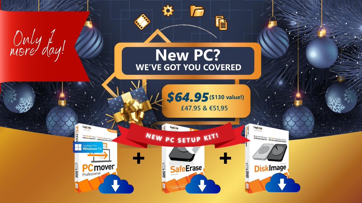 Laplink's tweet image. Only one day left! Get everything you need to transfer all your data to a new PC, protect it with advanced backup and recovery technology, and permanently delete personal info from your old computer — all for $64.95! hubs.la/Q010BCzR0 #PCmover #holiday #sale