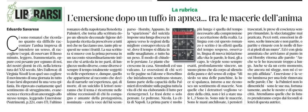 E_Savarese's tweet photo. Oggi sul Riformista ho parlato di #Emersione di Benedetta Palmieri. Con grande entusiasmo. @Nutrimenti https://t.co/mIyGAtYyp1
