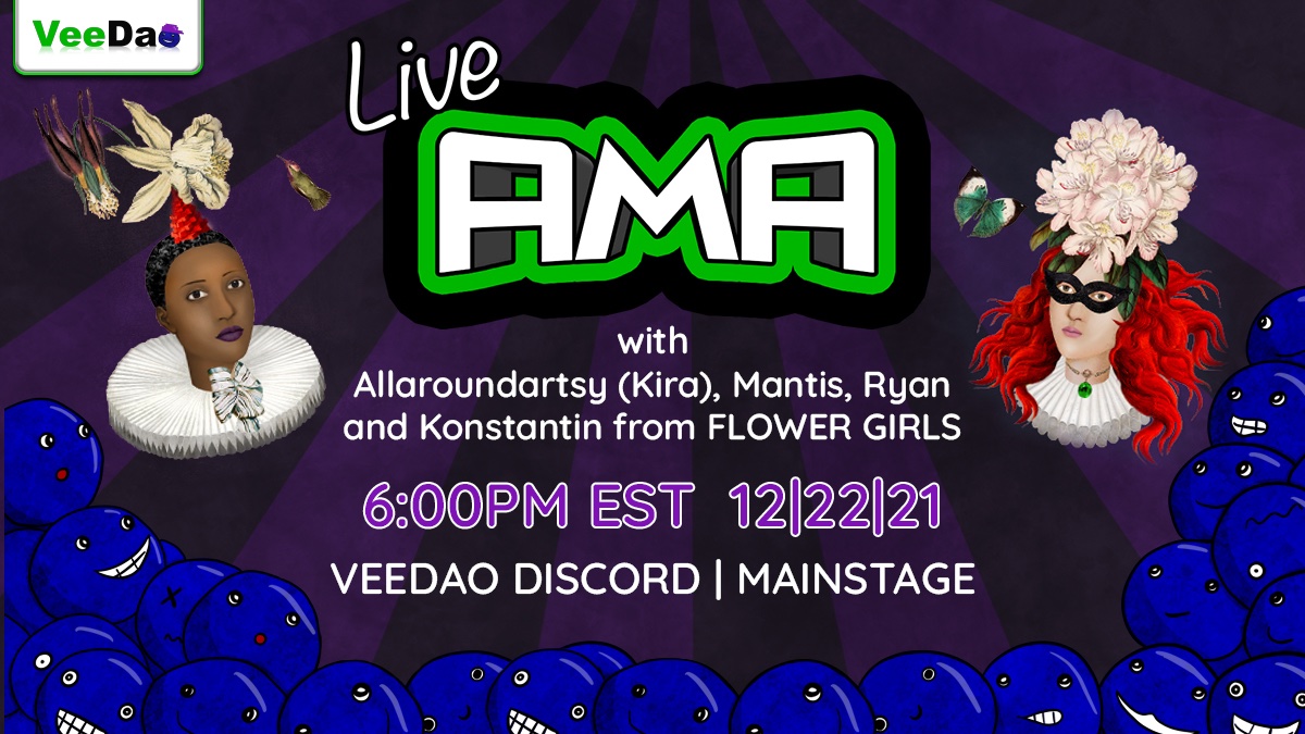 FlowerGirlsNFT's tweet photo. Join us tonight at 6pm EST for a Flower Girls team AMA with our friends in the @VeeDaoEth Discord! 🌸💐🌻

Our team members @AllAroundArtsy, @mantisgallery, @sreyeMnayR &amp; @KonstantinYelin will be speaking! 🌷 https://t.co/yqoFK88FtA