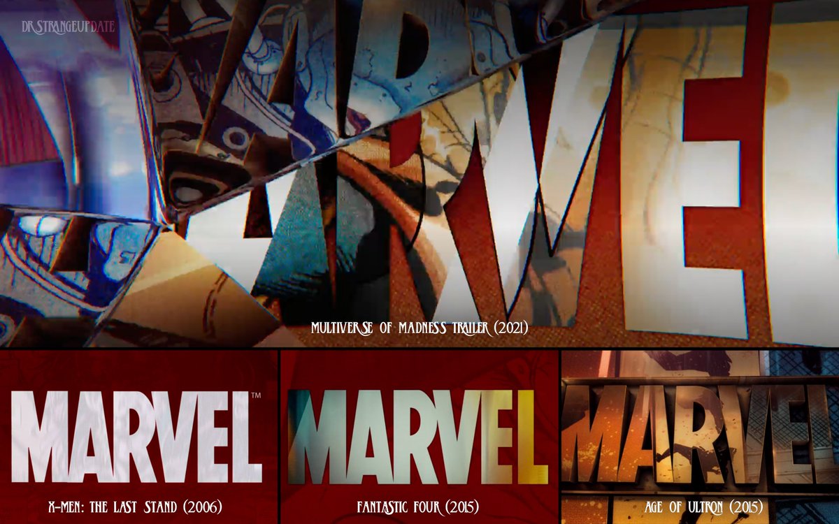 DrStrangeUpdate's tweet photo. The Marvel Studios logo in the #MultiverseOfMadness trailer references the logos of Marvel past - including ones used in X-Men, F4, &amp; previous MCU movies. https://t.co/OMJfmAGOM7