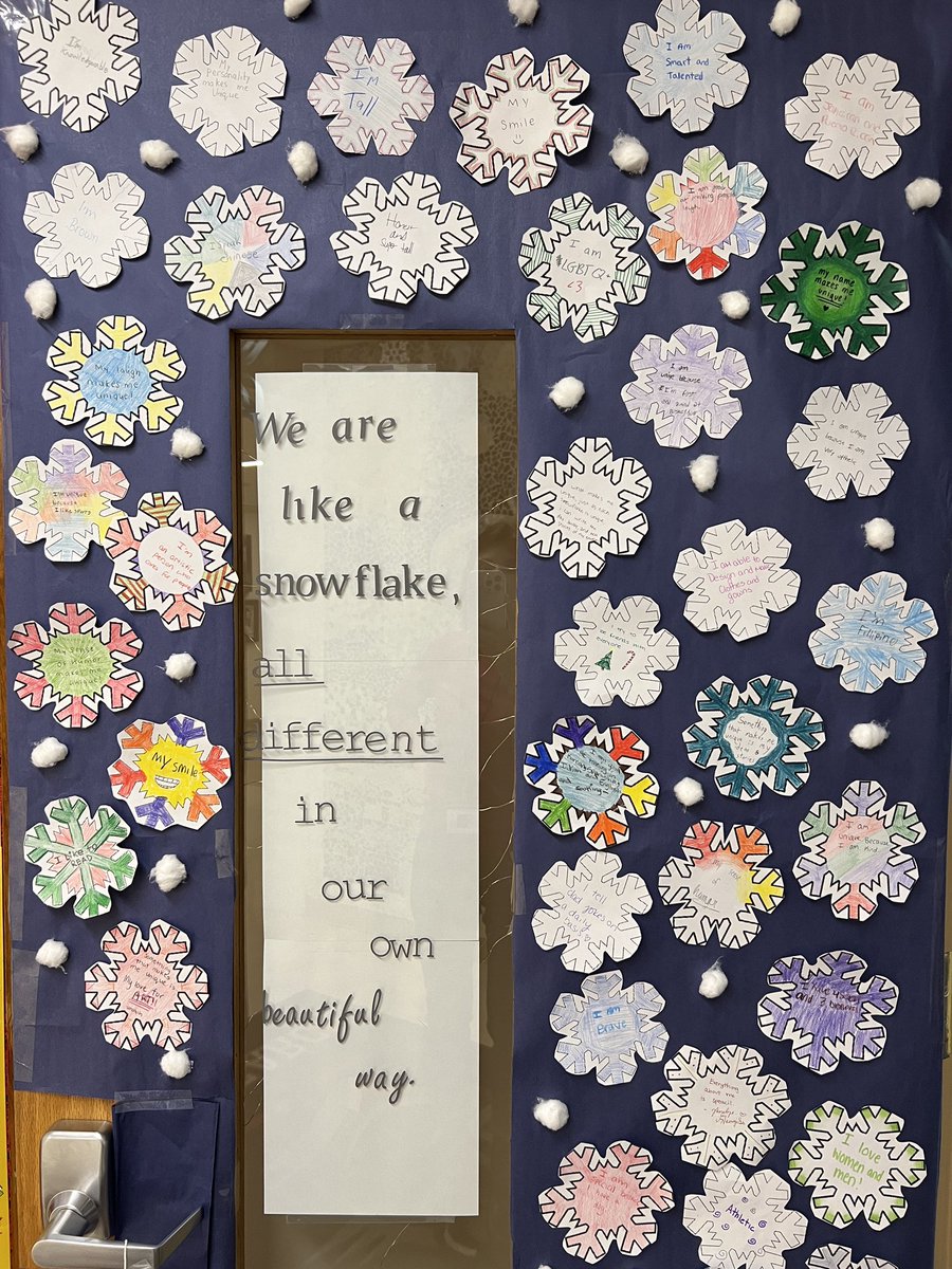 LsimonovskiL's tweet photo. Every snowflake is unique, yet they are each perfect”. We asked our students: What makes you unique? Our library door display is a collection of all their responses. ❄️Happy Holidays! @fpm_knights https://t.co/IlYlX3K7LQ