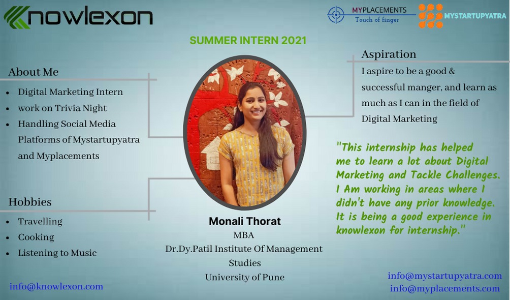 knowlexon's tweet photo. Mantavya - Interns Speak
The tighter the bond, the more we grow. Knowlexon is a trustworthy bond that grasps us all together, presenting you - Ms. Monali Thorat
Dr. Dy. Patil Institute of Management Studies

#knowlexon #mystartupyatra #myplacement #internshipexperience #Stories https://t.co/7baE7UxOOD