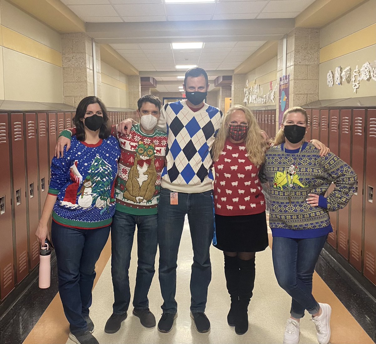 Happy ugly sweater day from your favorite hall duty group! <a href="/MsGalambos/">Ellen Galambos</a> <a href="/MrRich_WH/">Mr. Rich</a> #WHPantherPride