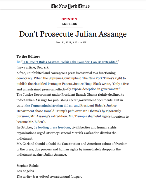 couragefound's tweet photo. Constitutional lawyer Stephen Rohde in the New York Times: "[Attorney General] Garland should uphold the Constitution and American values of freedom of the press, due process and human rights by immediately dropping the indictment against Julian Assange."

https://t.co/oGzMU5oj98 https://t.co/JUIv9ooPcE