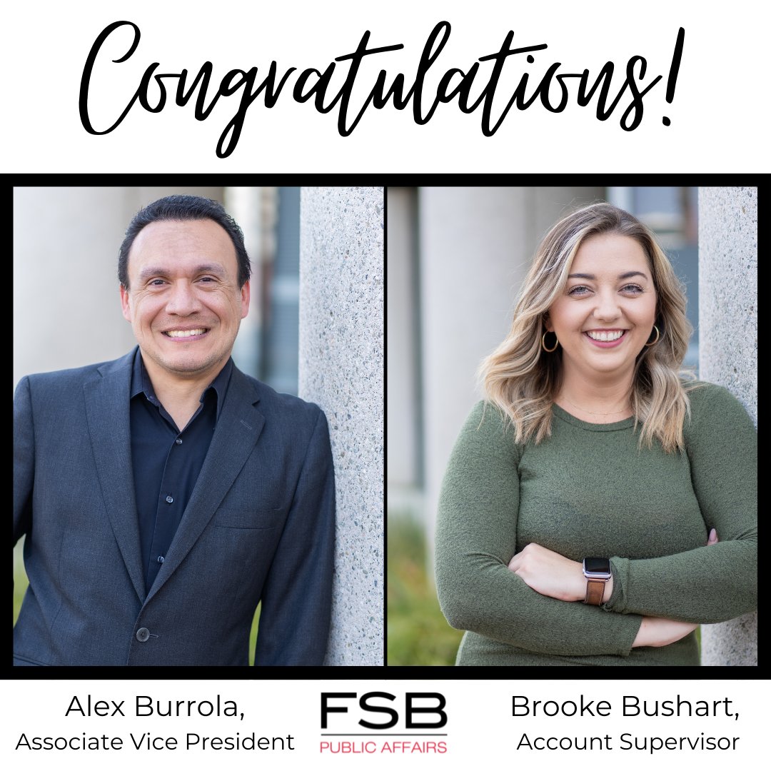 FSB_PA's tweet photo. Congratulations are in order for two FSBPA team members! We are excited to share that @alexburrola has been promoted to Associate Vice President and @BrookeBushart has been promoted to Account Supervisor. Thank you both for everything you do to make our team successful! https://t.co/Ue7t0cStHi