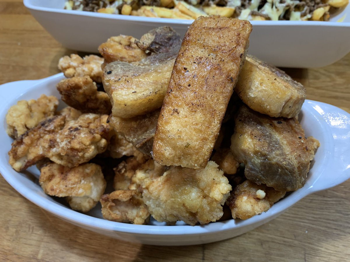 Chips , beef mince with cheese ……salt &amp; pepper chicken with pork belly …..thats for starters 😂😂