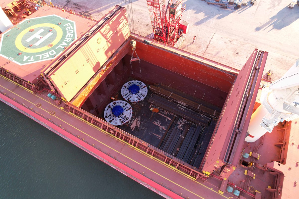 HOPAports's tweet photo. TBM cutter heads for the Eglington Crosstown West Extension coming into FMT Hamilton via @fednavlimited’s Federal Delta. 

Let’s hear it for everyone who has been working on the front lines of goods movement since the beginning of the pandemic! #HamiltonPort https://t.co/qPKXe33cP0
