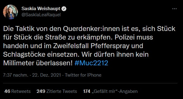 JahnTeam's tweet photo. 🔥GRÜNE MdB SASKIA WEISHAUPT FORDERT SCHLAGSTOCKEINSATZ GEGEN BÜRGER❗️🔥

So viel zur Toleranz und dem Demokratieverständnis der Grünen und Ihrer Mitglieder des Bundestags.

🦅#TEAMHEIMAT🇩🇪 #Gruene #Schlagstockeinsatz #muc2212 https://t.co/Zmng0yHCkM