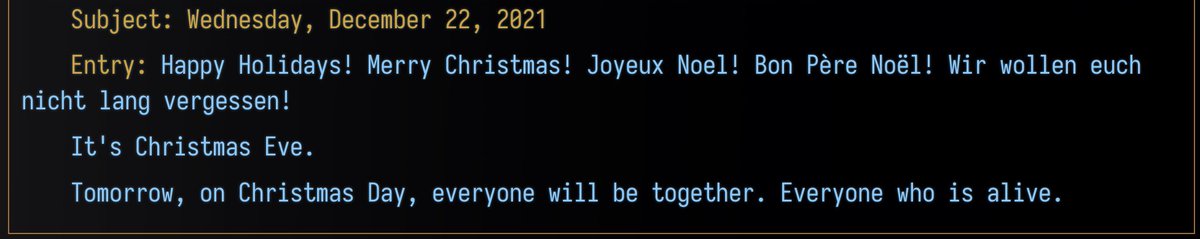 rory_blyth's tweet photo. I think #NovelAI just threatened me. Or the whole world. Like it's going to go SkyNet on us.
It says Merry Christmas five ways, then... well... it gets a little creepy:
#AIDungeon #HoloAI #GPT #AI https://t.co/2rJLA1I9Cn