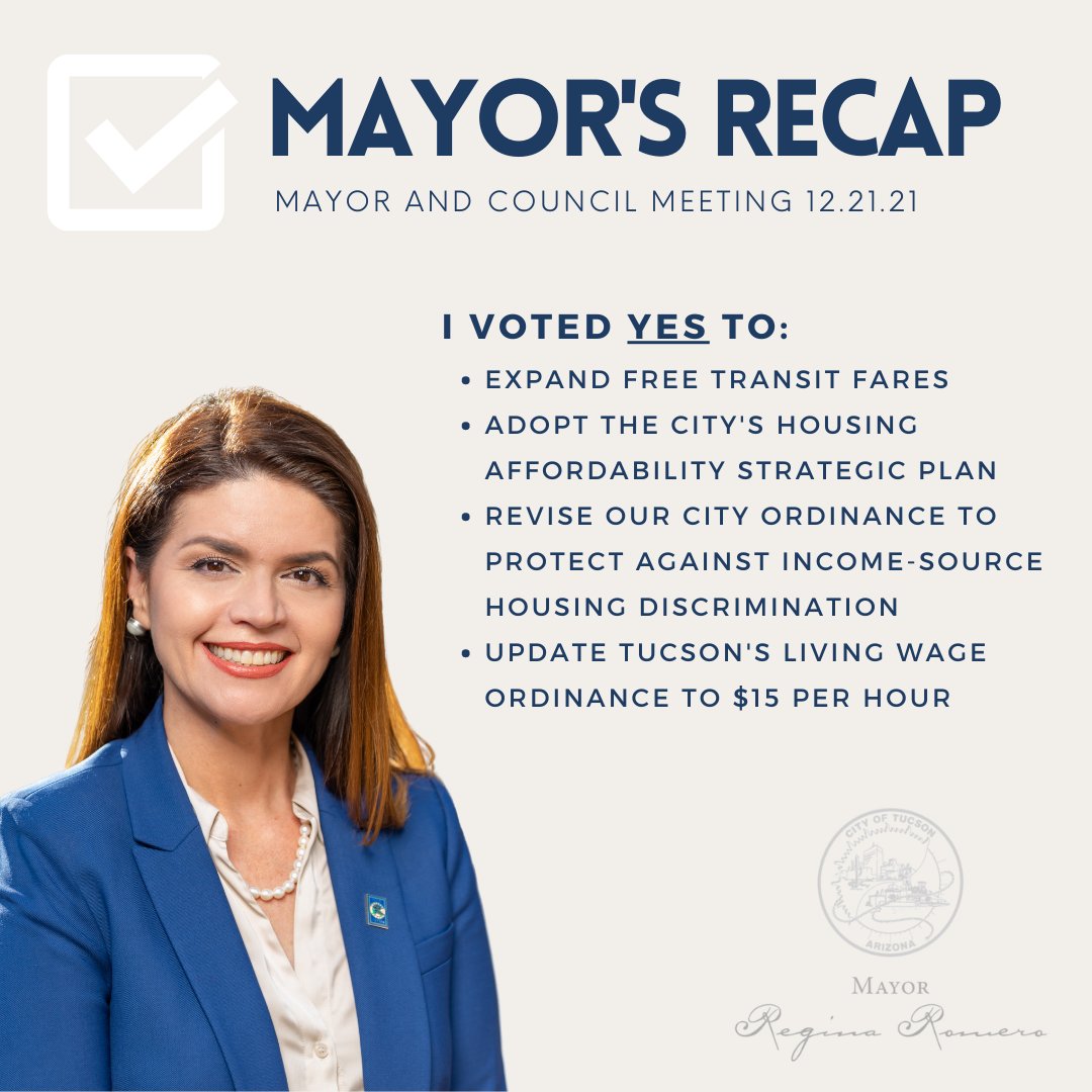 TucsonRomero's tweet photo. At yesterday's Mayor and Council Meeting, I voted YES to: 
✅Expand FREE transit fares
✅Adopt the City's Housing Affordability Strategic Plan
✅Revise our City ordinance to protect against income-source housing discrimination
✅Update #Tucson's living wage ordinance to $15 p/hr https://t.co/3qZ63PeLz5