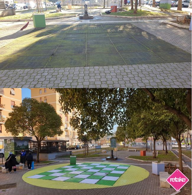 Retake_Roma's tweet photo. Con #MagnificaQuintoCurzio cerchiamo di portare colore e possibilità di gioco per i più piccoli in una piazzetta altrimenti grigia e anonima, è un work in progress ma promette bene. #MadeInRetake https://t.co/BX01FA0Inf