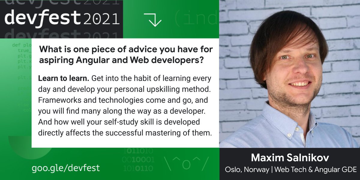 googledevgroups's tweet photo. 🧠 What have YOU learned today?

@webmaxru, Web and @angular #GDE, knows the importance of finding a learning process that works for you, and using it every day! 💪

🌏 Learn from experts like Maxim at #DevFest events happening around the globe → https://t.co/LG8taJ45Un https://t.co/B0gL7fhlM6