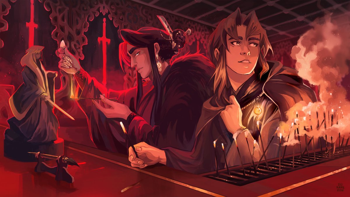 Kurdupel113's tweet photo. The second part of my work for Binding Blades and the illustration for the #moshang scene!
-> l!nk in comments ❤️✨

The King finally let go of his hand and picked two of them from the pile, handing one to Shang Qinghua and kneeling on the other. 

“Pray with me.” https://t.co/m6cTtevFBO