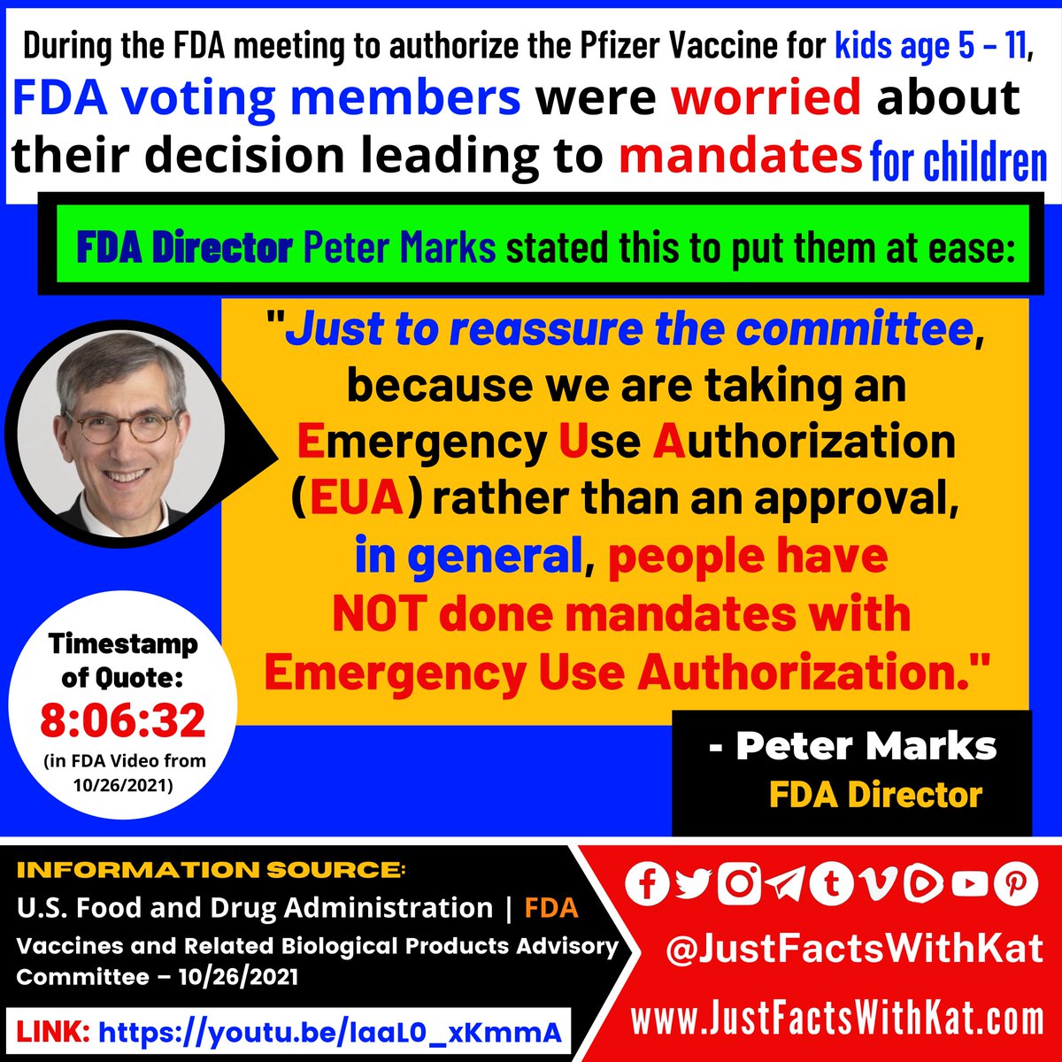 JustFacts_Kat's tweet image. FDA director Peter Marks says that vaccine mandates for children are *unlikely*, until Pfizer gets full FDA approval for children.

Use my hashtags!
#JFWK #JustFactsWithKat #AllAngles 

Etc:
#covid19 #covid #covidvaccine #getvaccinated #protectourchildren #NoVaccineMandates #LOL