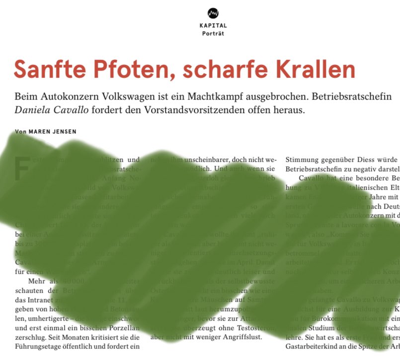 Im neuen Cicero ist ein Porträt der VW-Betriebsratschefin Daniela Cavallo erschienen. Sie wird dort mit einer Katze verglichen. Was soll das? Das ist ein Klischee, das weder Cavallo gerecht wird, noch <a href="/cicero_online/">Cicero Online</a> gut zu Gesicht steht. <a href="/marenjensen_/">Maren Jensen</a>