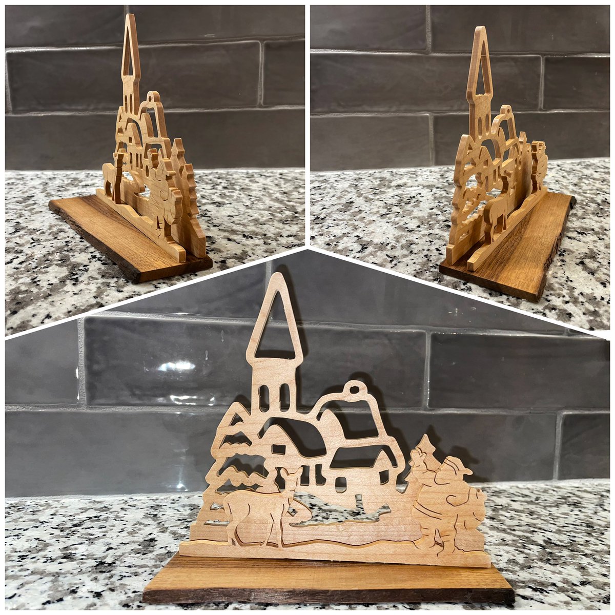 ThisOhioDad's tweet image. Another holiday gift! Just a little Santa and village scene. Maple &amp;amp; walnut. What looks like lines drawn on Santa &amp;amp; the deer are actually veins cut in with a very thin blade. I’m using that technique more and more and very pleased with the results. #nostain #veining #holidaycheer