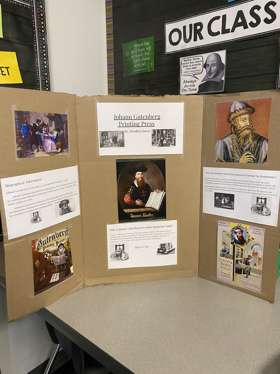 mrsraugust's tweet photo. Last Friday both grade 8 Social classes presented museum displays centered around a famous Renaissance person. It was great to see all the ideas they came up with! #socialstudies #middleschool #renaissance https://t.co/Od2sYg9dIX