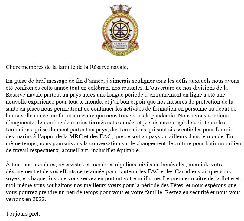 Comd_NAVRES's tweet photo. Mon message des fêtes au membres de la famille de la Réserve navale #ResNavRes https://t.co/3QHuhPKwIA