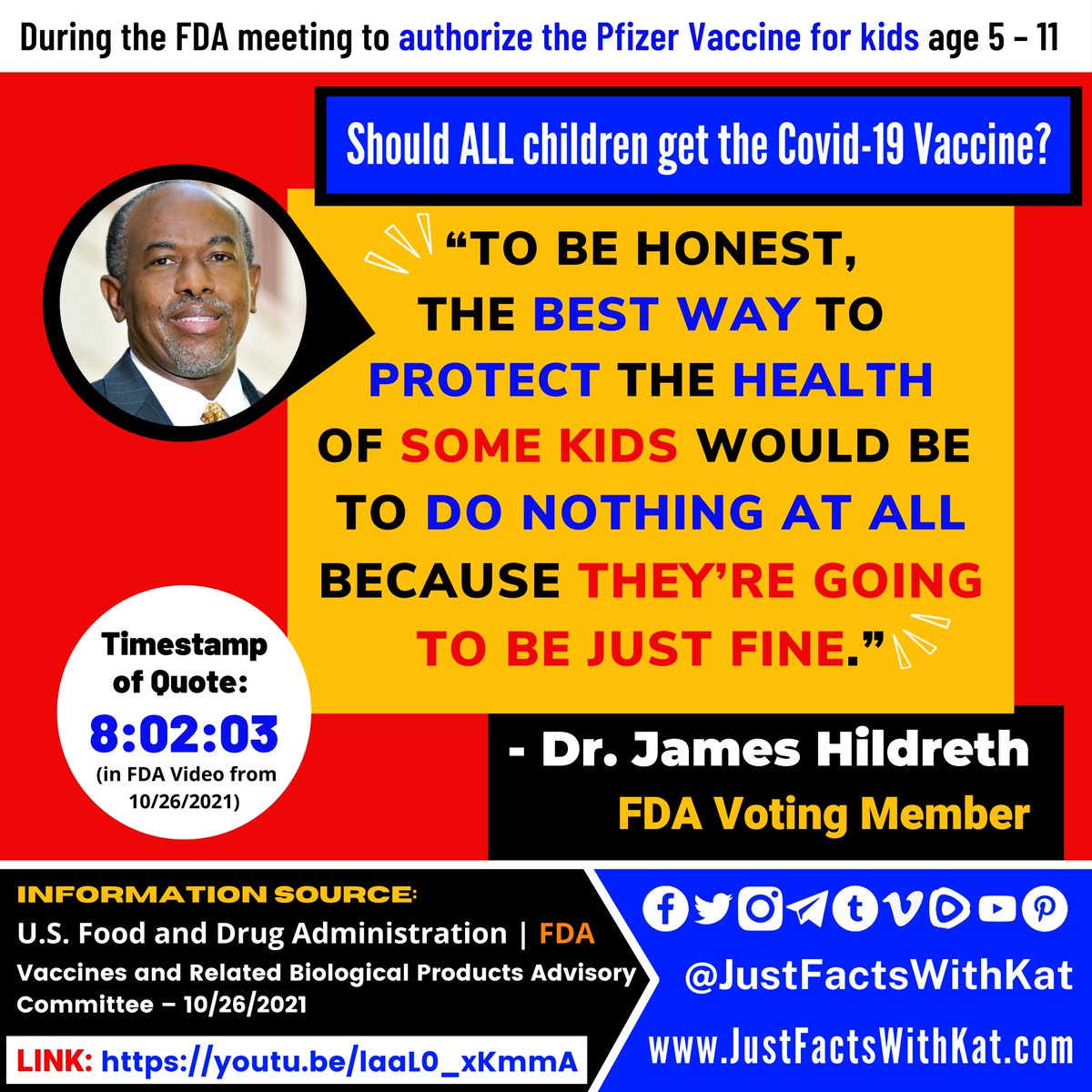 JustFacts_Kat's tweet image. FDA voting member, Dr. James Hildreth, says most children don't need the vaccine because they're at a low risk of severe COVID-19.
Which children are at a high risk of severe COVID disease? Check the comments.

Use my hashtags!
#JFWK #JustFactsWithKat #AllAngles 

Etc: #COVID