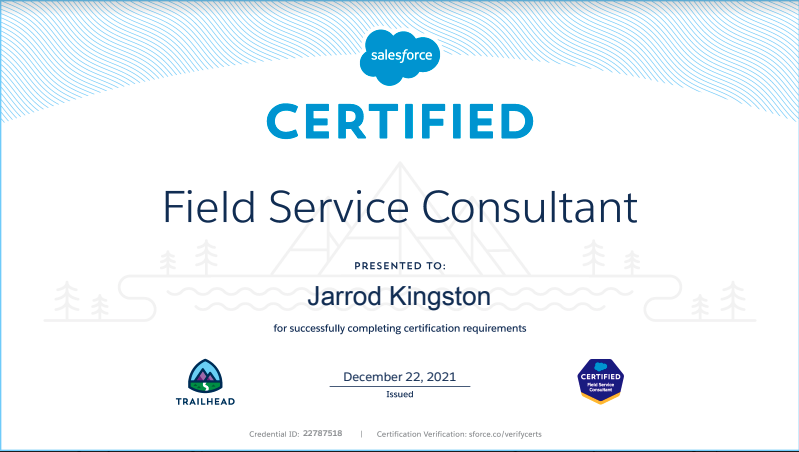 jarrodmichael's tweet photo. .@salesforce Field Service Consultant Certified! Thank you @trailhead for the great study and prep material. #certsup https://t.co/fNMtntOpct