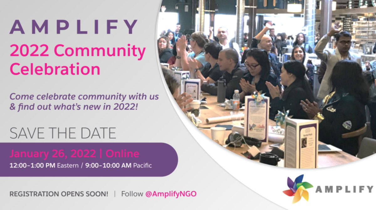 AmplifyNGO's tweet photo. SAVE THE DATE 1/26 12pm ET:  Join Amplify to Celebrate Community and find out what's next for 2022. Registration opens soon - watch this space. Happy Holidays everyone - Looking forward to seeing you in the New Year! https://t.co/prsk9Np87E