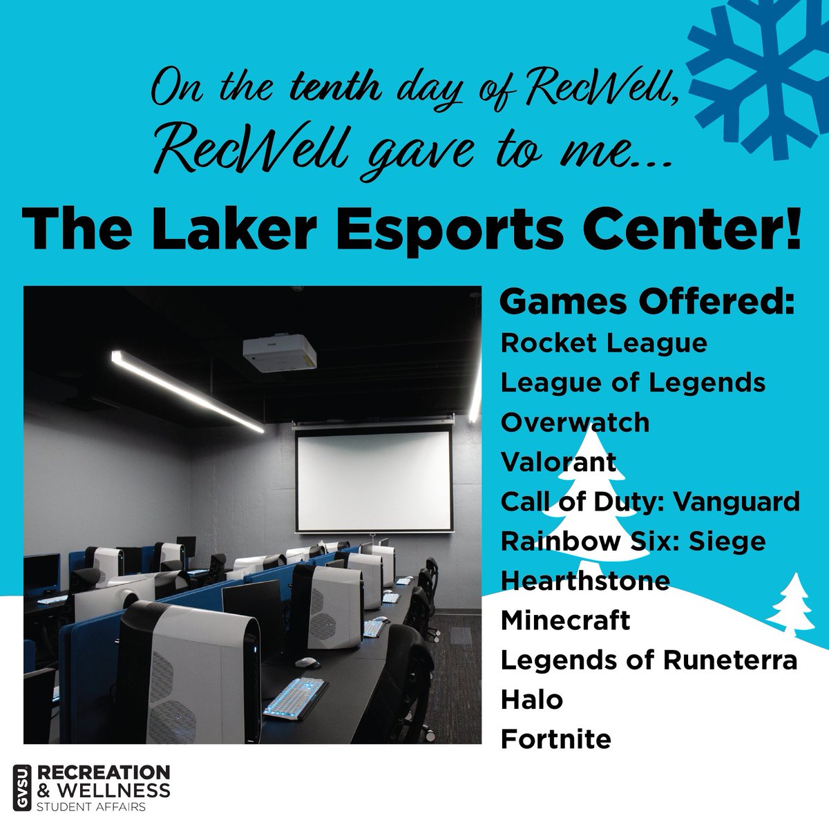 GVSURecWell's tweet photo. For tenth day of RecWell, we'll be sharing more about the Laker Esports Center. The LEC is in the lower level of Kirkhof. With 23 stations available, drop in and play some video games. Drop in hours can be found on our website under the Sports tab.
#GVSU #GVRecWell https://t.co/UthqyeKeaW