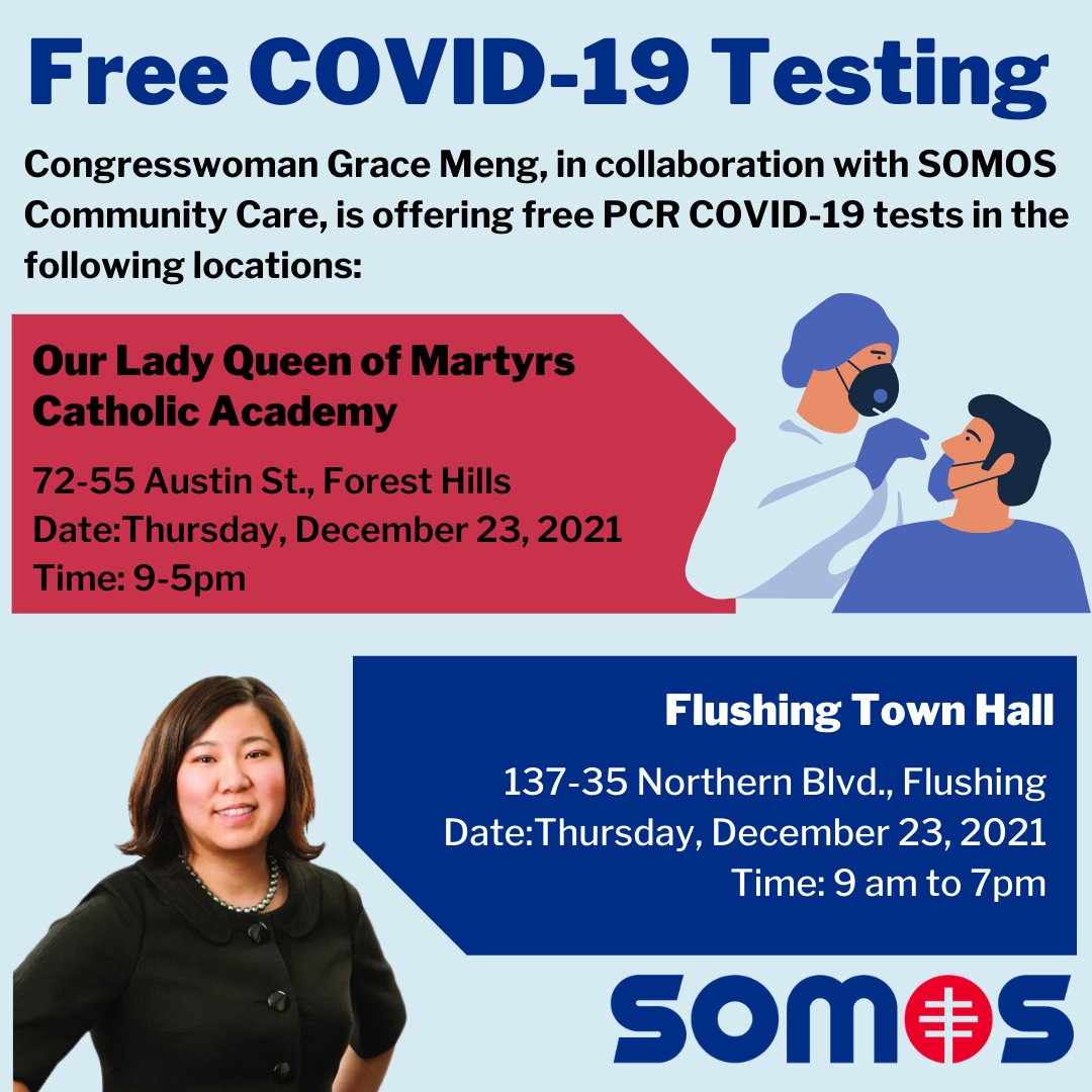🚨🚨🚨 I heard you and I've partnered with <a href="/SOMOSCare/">SOMOS Care</a> to offer FREE COVID-19 testing in Queens!

Get tested Thursday, December 23 at Our Lady Queen of Martyrs Catholic Academy in Forest Hills or at Flushing Town Hall.