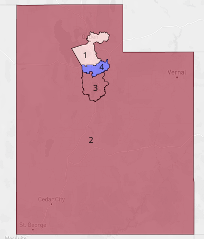 lad_map's tweet image. If democrats controlled redistricting in Utah they might draw this map. Biden wins district 4 and only narrowly loses district 1 by 2.1 points. The map doesn't hold up that well in other elections though, democrats lost both districts in the 2020 governor race. #ElectionTwitter