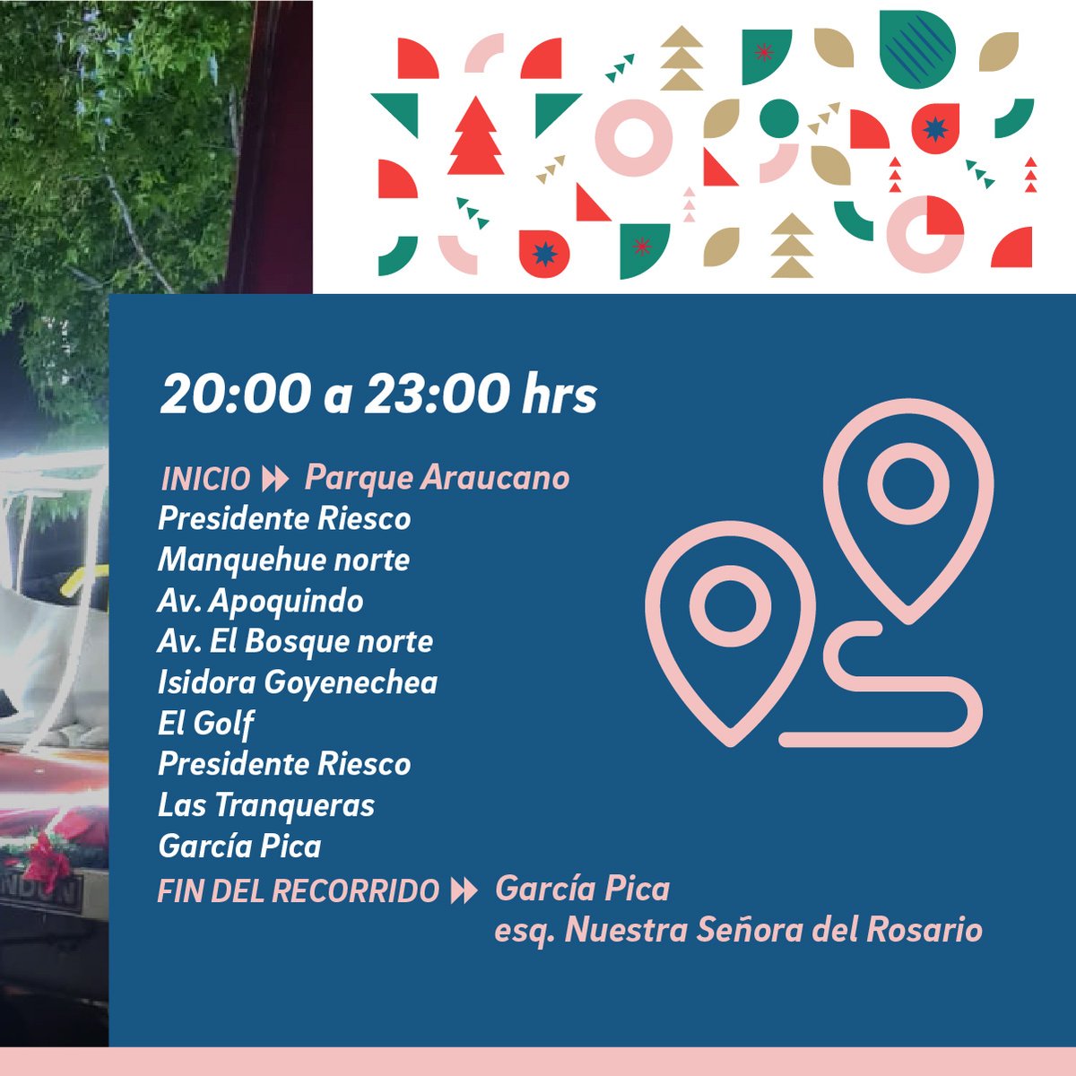 Este jueves, el carro alegórico navideño saldrá desde el Parque Araucano hacia Av. Pdte. Riesco, Manquehue, El Bosque, I. Goyenechea, El Golf, Las Tranqueras, entre otras calles y avenidas. 🚐🎅

📅 23 diciembre
⏰ 20 a 23:00 horas 

¡Te esperamos!

<a href="/LC_Decom/">Desarrollo Comunitario</a> <a href="/danielapenaloza/">Daniela Peñaloza</a>