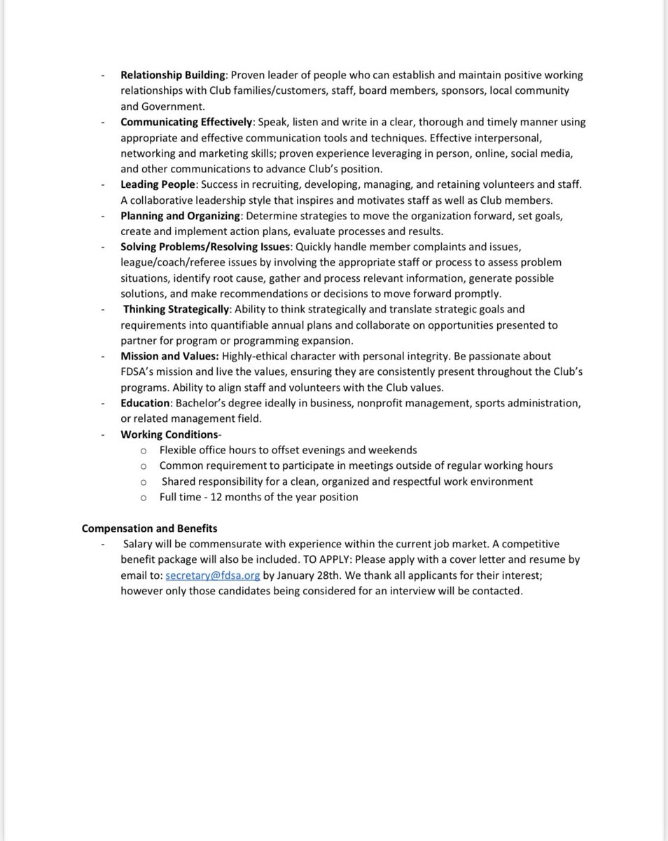 fdsasoccer's tweet photo. We are hiring for the position of EXECUTIVE DIRECTOR. Please apply via email to: secretary@fdsa.org

Only those candidates considered for an interview will be contacted. https://t.co/wTCrOcVatD