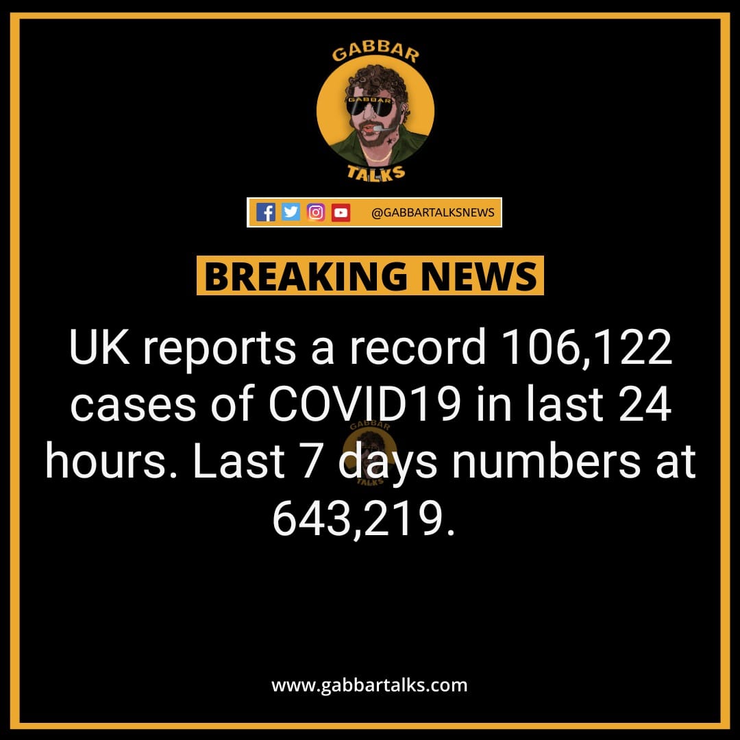 #BreakingNews 🔴
UK reports a record 106,122 cases of #Covid_19 in last 24 hours. Last 7 days numbers at 643,219. 
#UK #OmicronVariant #Covid19UK