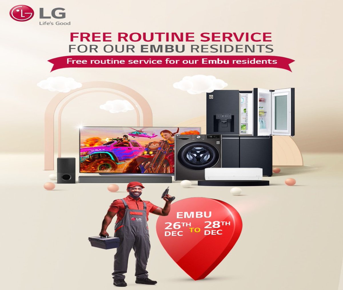 LGEastAfrica's tweet photo. Are you in Embu and own LG products? This is for you. We are having free routine service on your favorite LG products. #AGoodChristmas #LGFreeServices #LGEastAfrica #LGinEmbu #LGFreeRoutineService https://t.co/0ijs6tuSFs