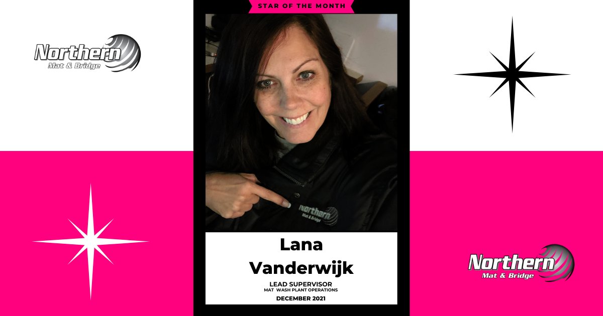 NorthMatBridge's tweet image. December’s Northern Star is our Lead Supervisor of Mat Plant Operations, Lana Vanderwikj. Lana is a proud member of the Ts'il Kah Koh First Nation near Burns Lake in BC. 

To see the full announcement and see some Q&amp;amp;A with Lana, follow the link bit.ly/3FpShDO