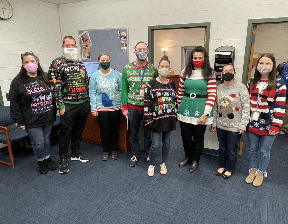 MHKAdmin's tweet photo. #Kreps staff was all in for today’s #UglySweaterDay ! Who wore it best?! @mrs_sfelicetta @EWRSDK12 https://t.co/U22K9VGJKb