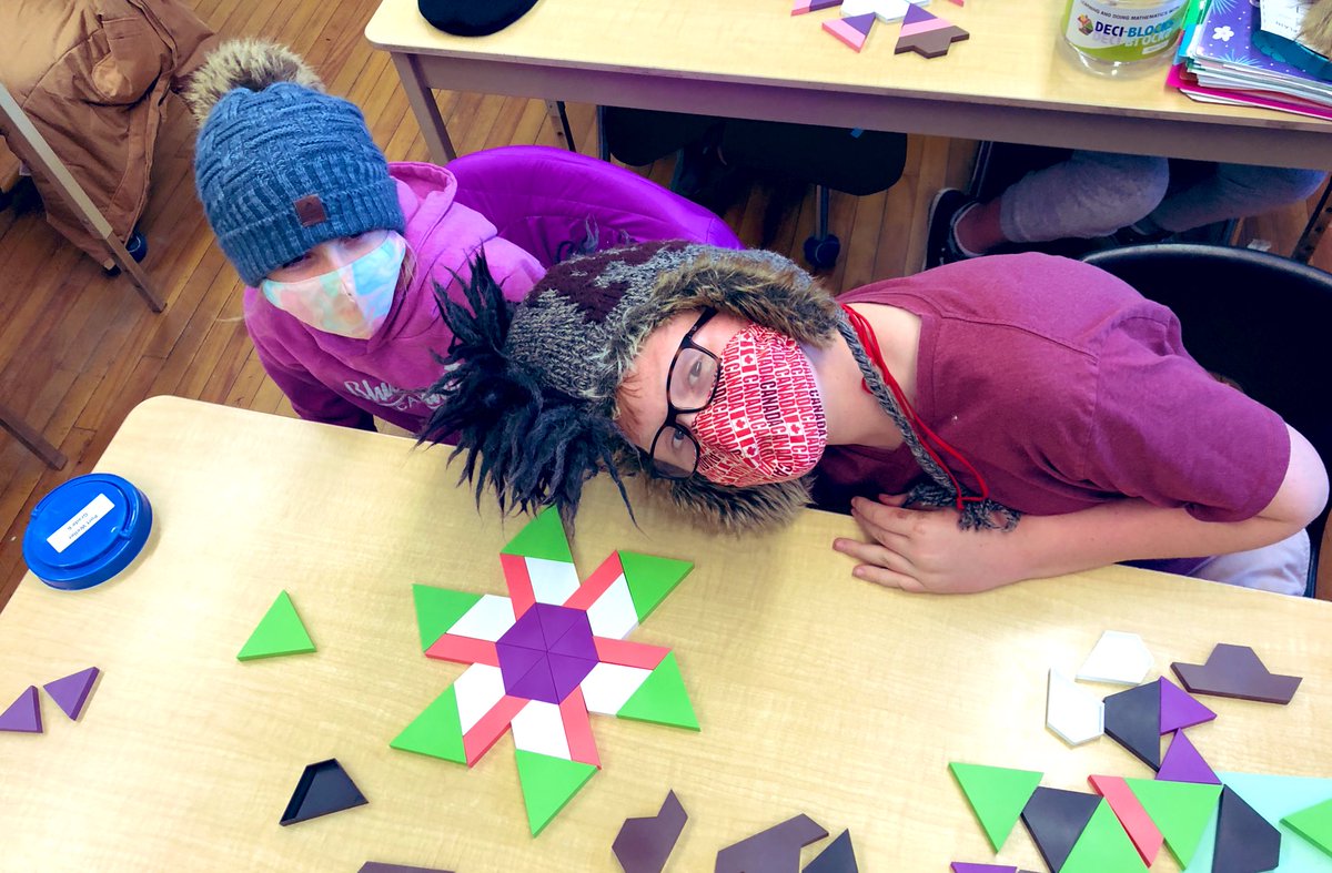 MrKSDyck's tweet photo. On their second day of creating rotationally symmetrical designs with #DeciBlocks and #PatternBlocks, Grade 6/7s @PortWellerPS were asked to create designs with #RotationalSymmetry of order 6 but with NO #LineSymmetry. #Math #Geometry #SpatialSense https://t.co/2ZzV5c4Zft