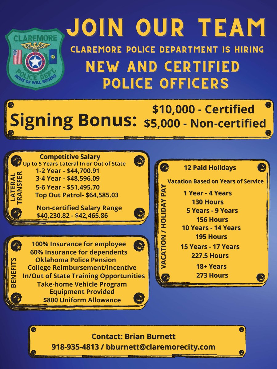 ClaremorePolice's tweet photo. Want to join an outstanding team. CPD is looking for new officers. Visit https://t.co/jGhYV81Kz8 and click on the employment tab to complete an application. See the flyer for info on wages and benefits. #claremorepd https://t.co/y6dCOZAdMw