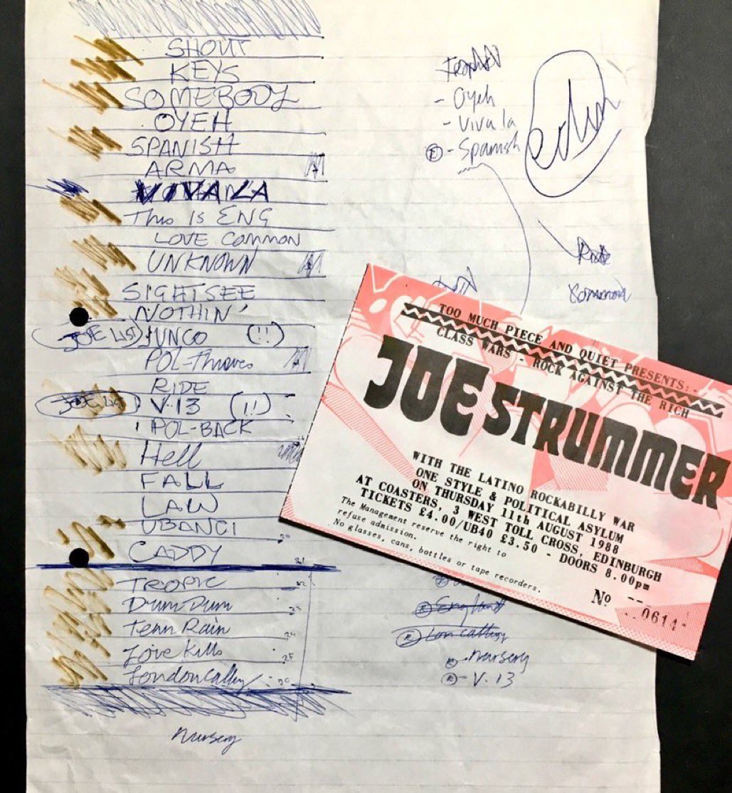 Thinking of Joe today, a very human hero. 

Here’s Joe’s setlist and my ticket from a Rock Against the Rich gig in 1988, still treasured more than 30 years on. 

#joestrummer <a href="/ScotsPostPunk/">Scottish Post-Punk</a> <a href="/GCPunkNewWave/">GC's Punk & New Wave</a> <a href="/NewWaveAndPunk/">PunkAndNewWave</a>