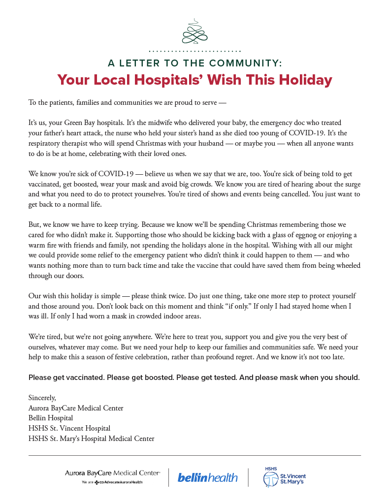 Please read this letter from your Green Bay hospitals.