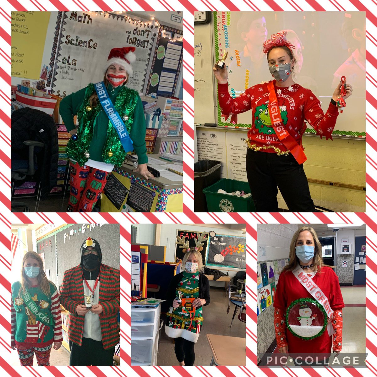 Winners of our staff “Tacky Winter Wear”contest: <a href="/OBrien5Amvet/">Alison O'Brien</a> won “Most Flammable,” <a href="/angela_moulin/">Angela Moulin</a> won “Most Creative,” Ms. Paige won the itchiest award, Mr. W won 3rd place, Mrs. Berkley won 2nd, and 1st place went to <a href="/haleyrouleau/">Haley Rouleau</a>! Great tradition at #awesomeAmvet❤️