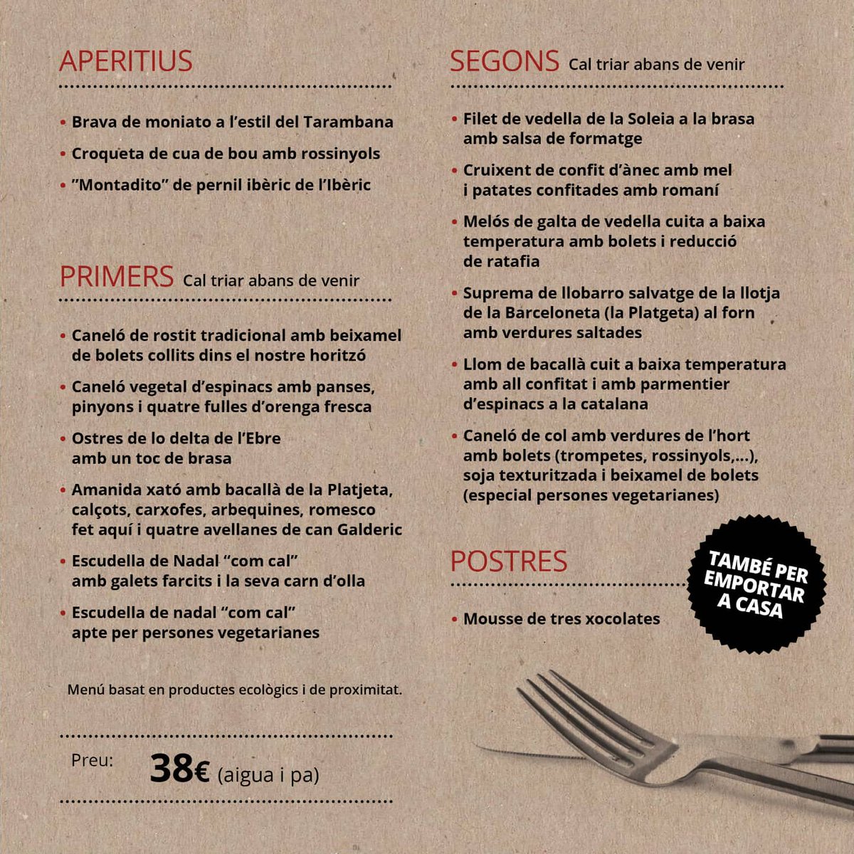 Aquest Nadal, menja Tarambana.

Menú Festes de Nadal 2021.

També per emportar a casa.

#tarambana #tarambanacardedeu #cardedeuéscultura #proximitat #ecològic #Nadal2021