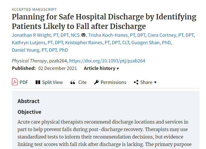 Participants discharged to the location with services recommended by their physical therapist were less likely to fall according to new work from Wright and colleagues. 

Findings highlight the role of #acutePT in discharge planning. 

Read more: academic.oup.com/ptj/advance-ar…